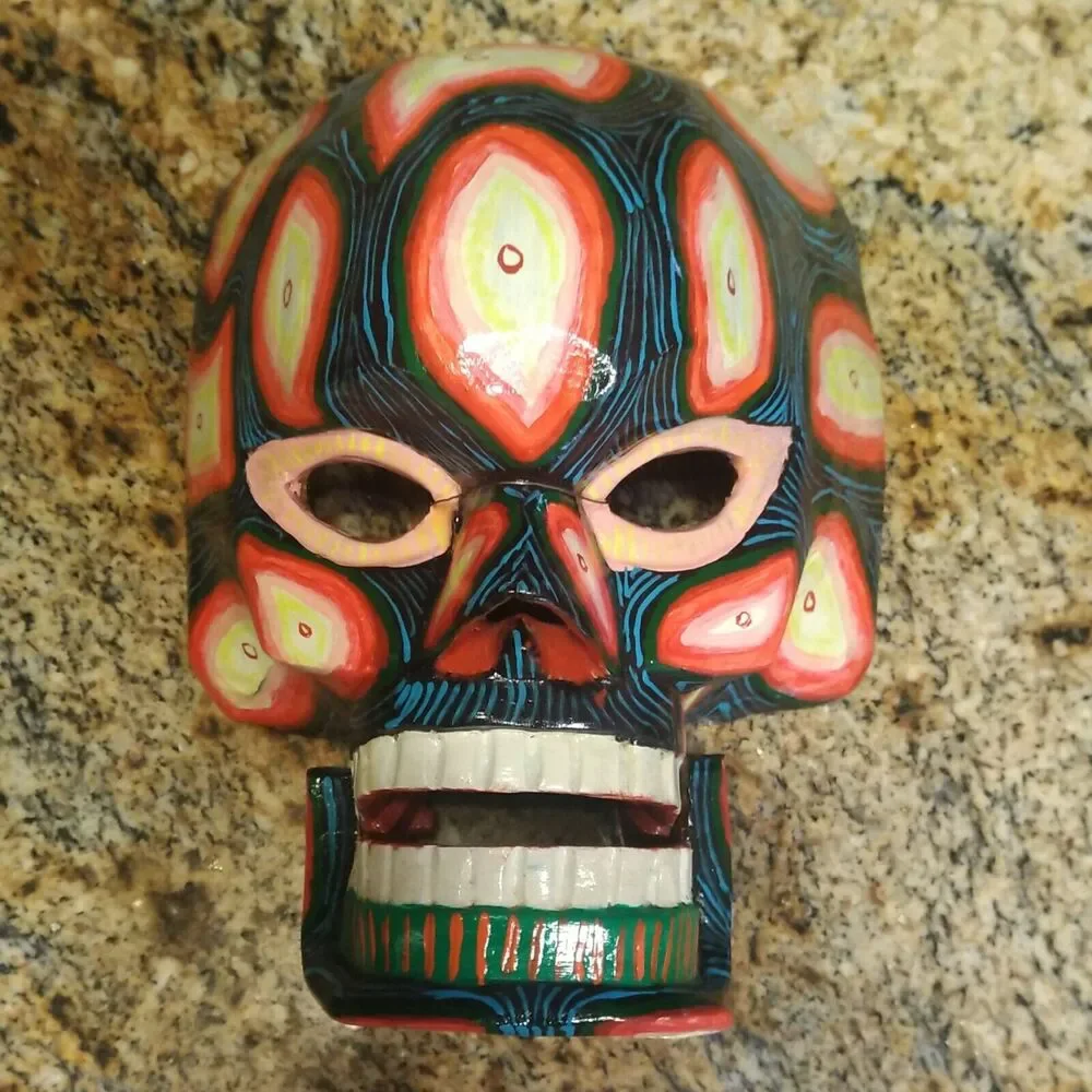 GUATEMALAN MEXICAN MOVABLE SKULL MASK TRANSFORMATION WOODEN FOLK ART HAND CARVED